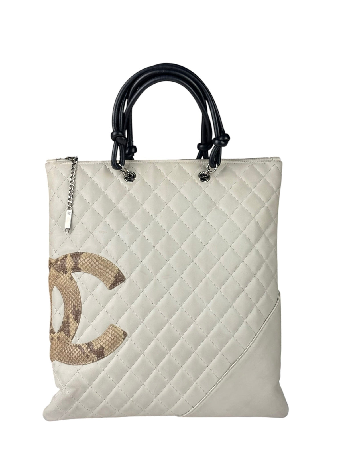 Chanel White Calfskin Quilted Python-Embossed Ligne Cambon Flat Tote Bag 2004