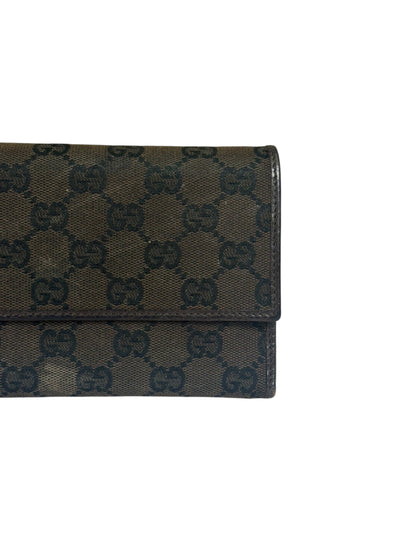 Gucci Brown Leather Trim GG TriFold Long Wallet