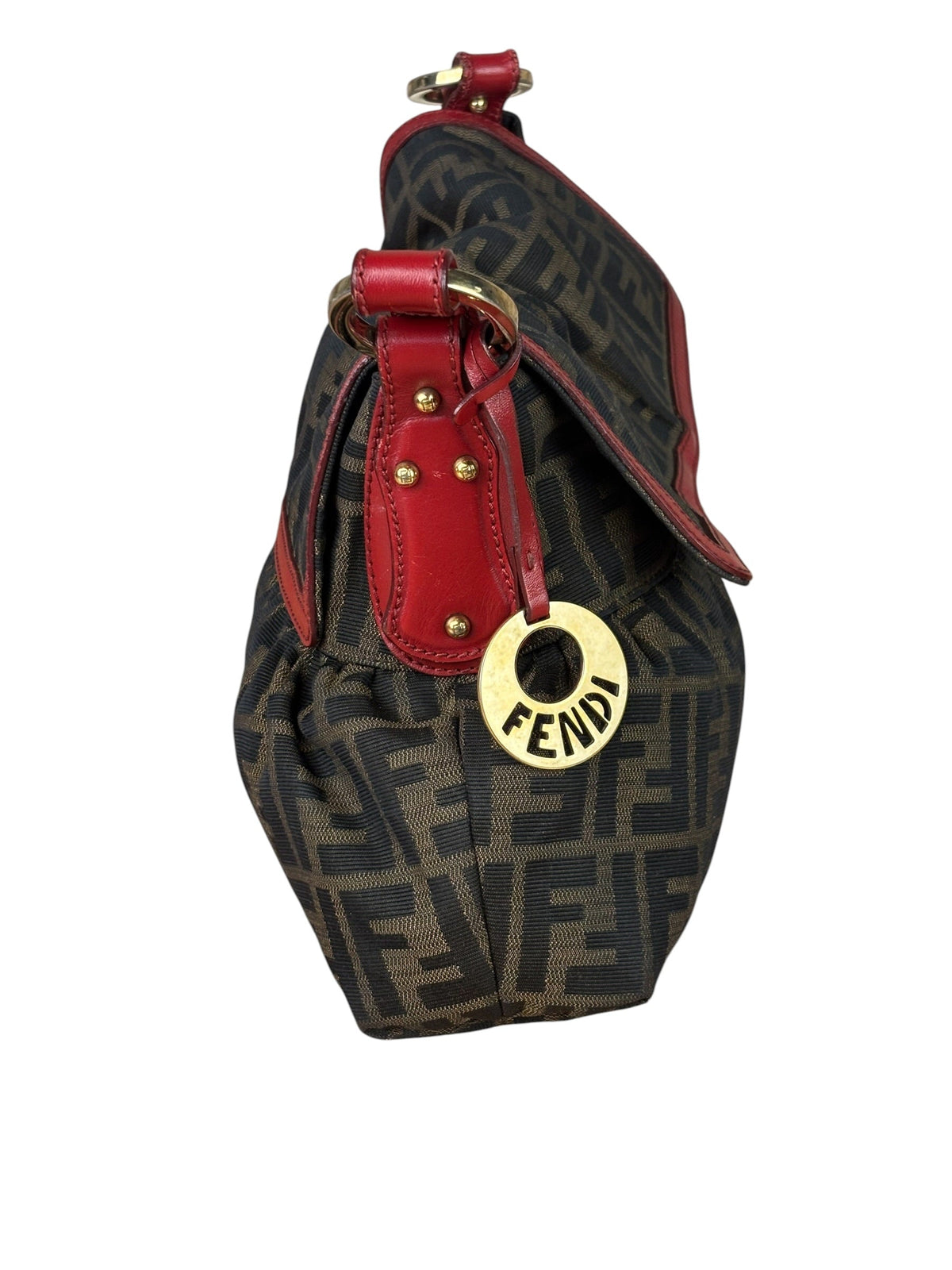 Fendi Beige/Red Leather Trim Zucca Chef Flap Bag