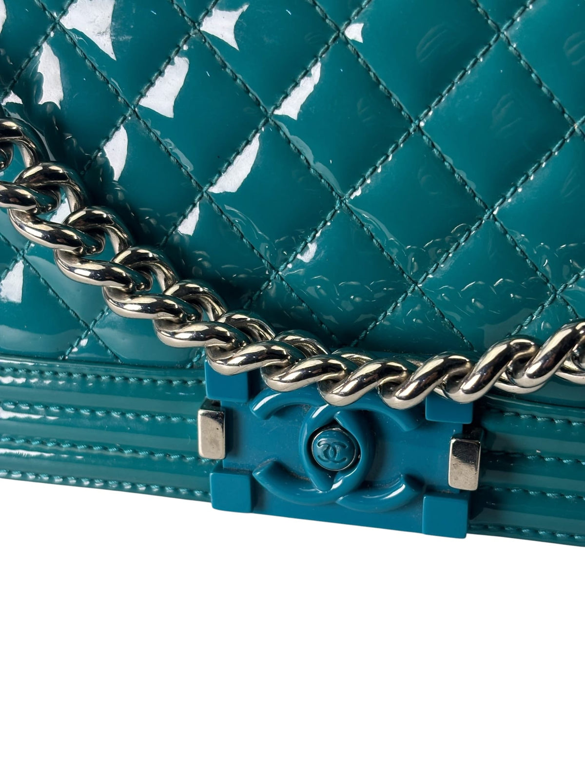 Chanel Teal Quilted Patent Leather Boy Flap Bag 2014