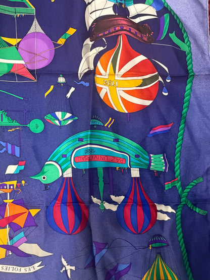 Hermes Blue Les Folies Du Ciel Silk Scarf