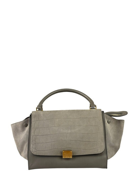 Celine Grey Suede/Leather Crocodile Embossed Trapeze Two-Way Bag