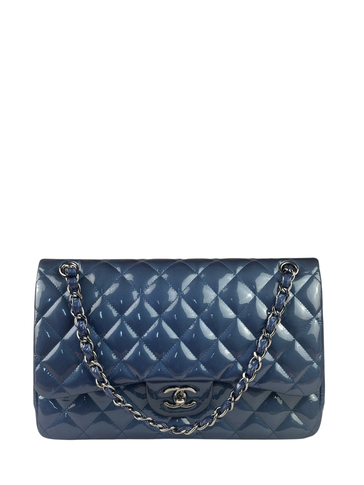 Chanel Perl Glossy Blue Quilted Patent Leather Double Flap Bag 2012