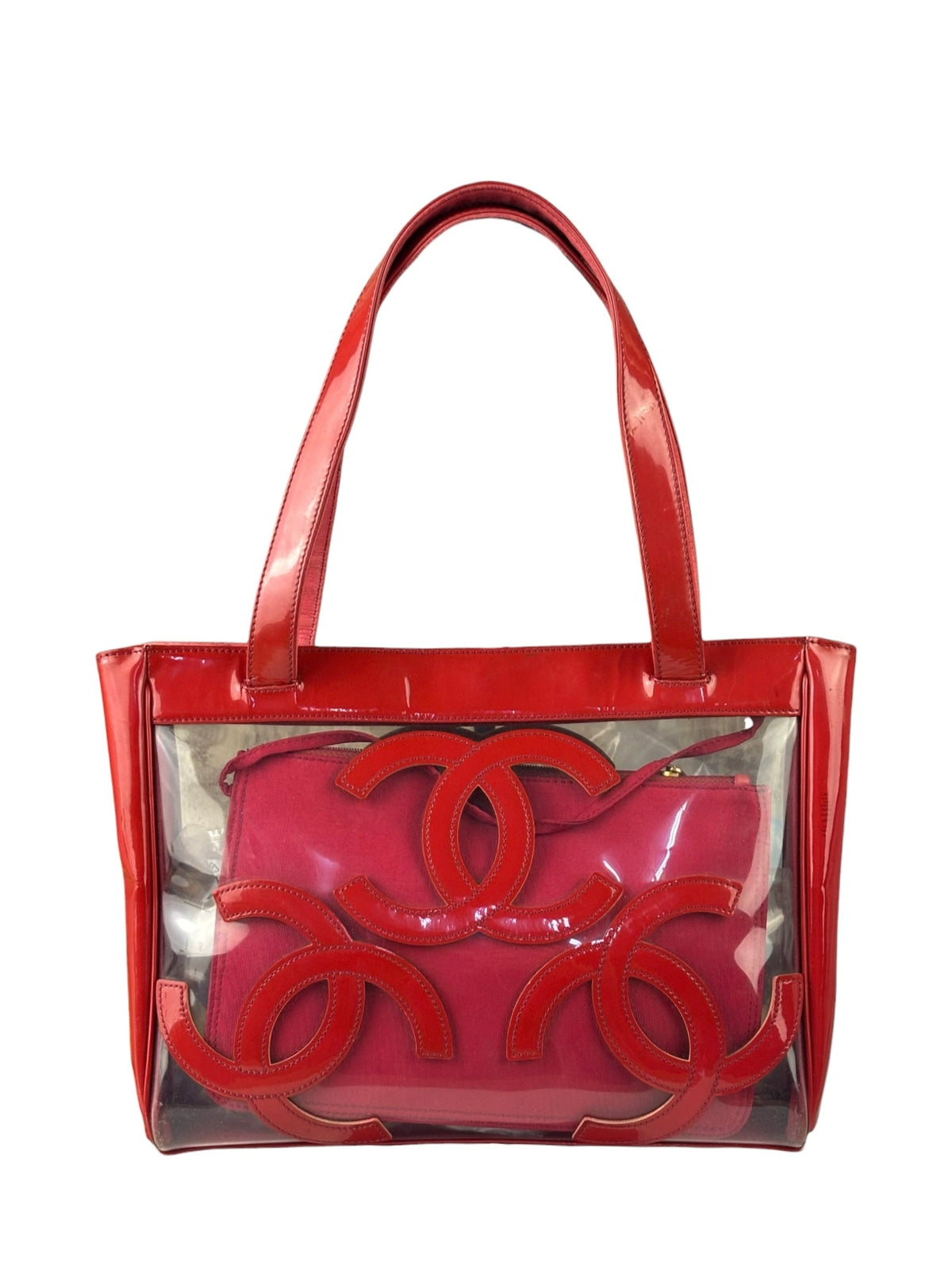 Chanel Red Triple C PVC Tote Bag w/ Pouch 2004