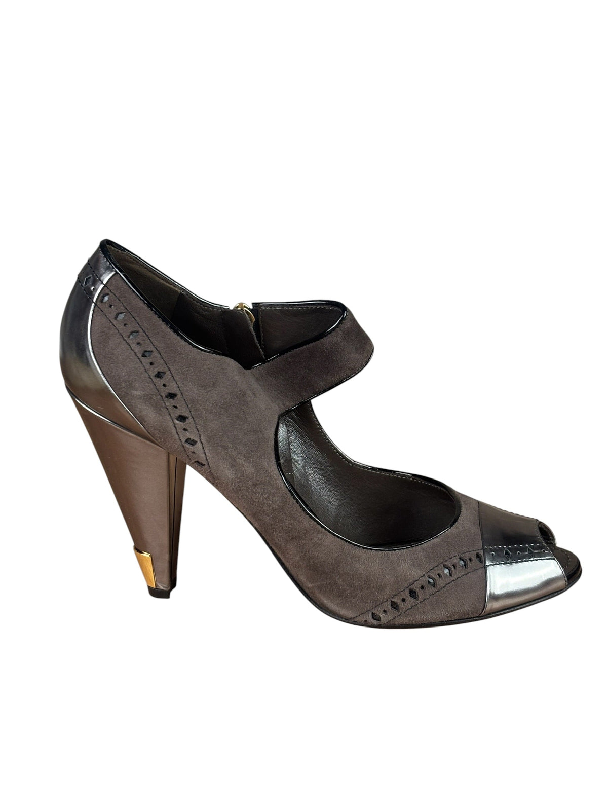 Louis Vuitton Brown Suede Silver Peep-Toe Pumps
