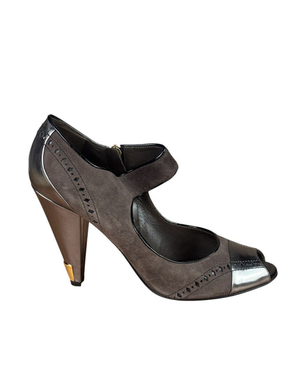 Louis Vuitton Brown Suede Silver Peep-Toe Pumps
