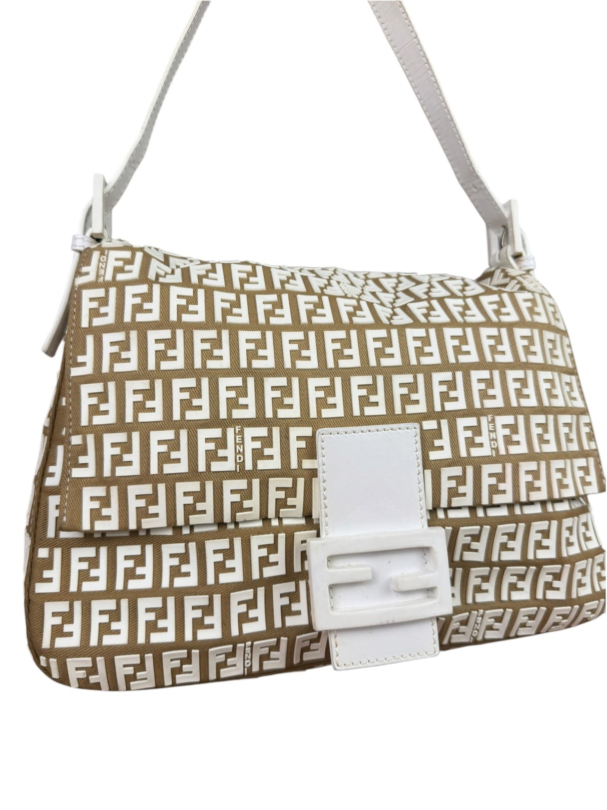 Fendi Vintage Beige Canvas Rubber FF Print Mamma Baguette