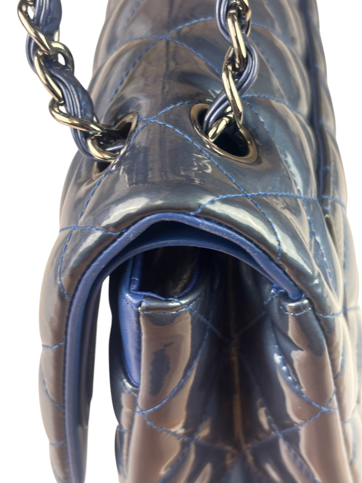 Chanel Perl Glossy Blue Quilted Patent Leather Double Flap Bag 2012