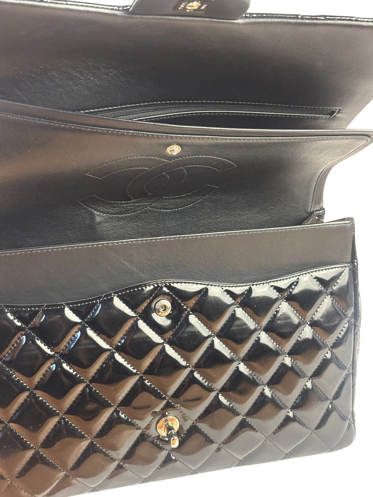Chanel Black Patent Leather Quilted Leather Double Flap Jumbo Bag 2012