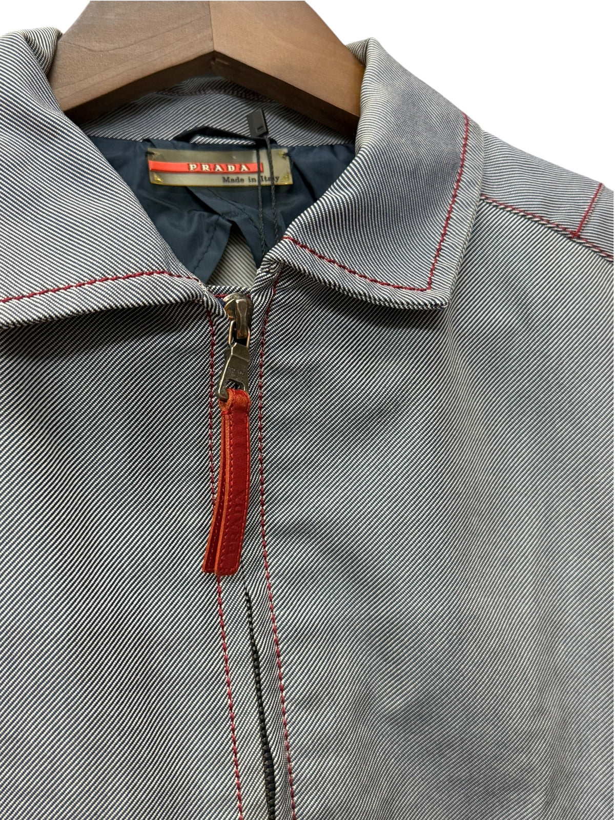 Prada Vintage Blue Striped Canvas Zip Up Collared Jacket