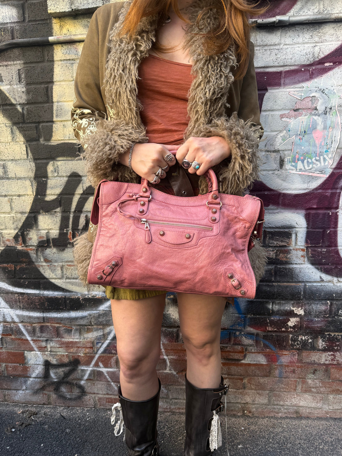 Balenciaga Muted Pink Leather Moto Classic City Bag