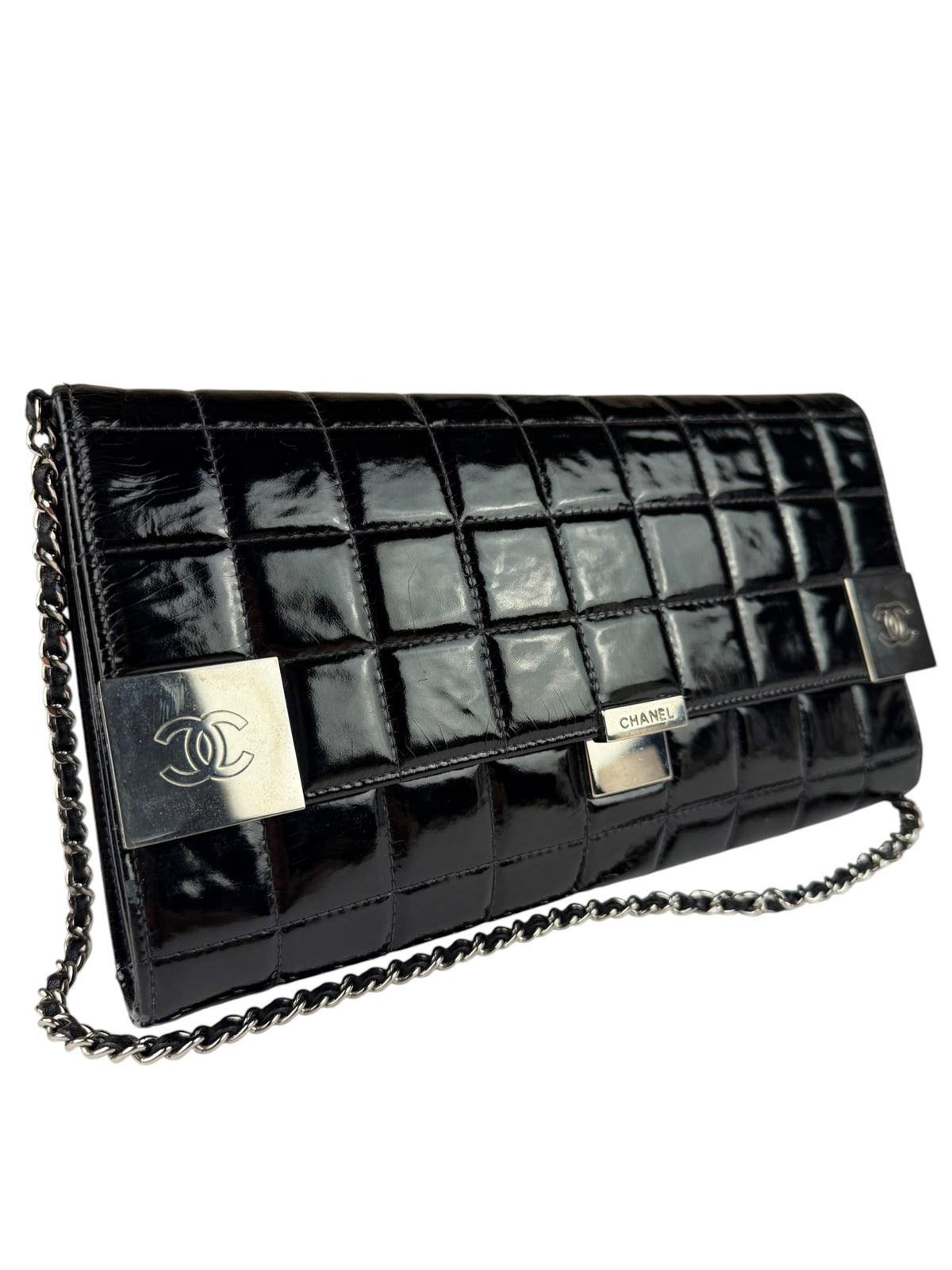 Chanel Black Patent Leather Chocolate Bar Flap Bag 2000