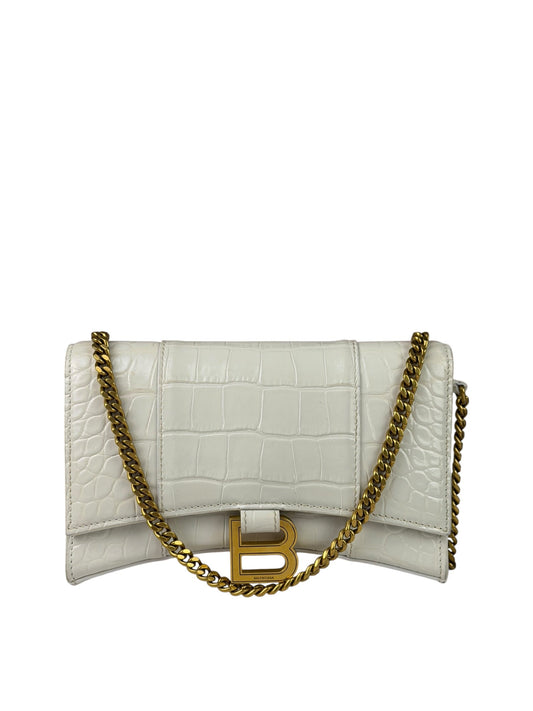 Balenciaga White Crocodile Embossed Hourglass Wallet On Chain