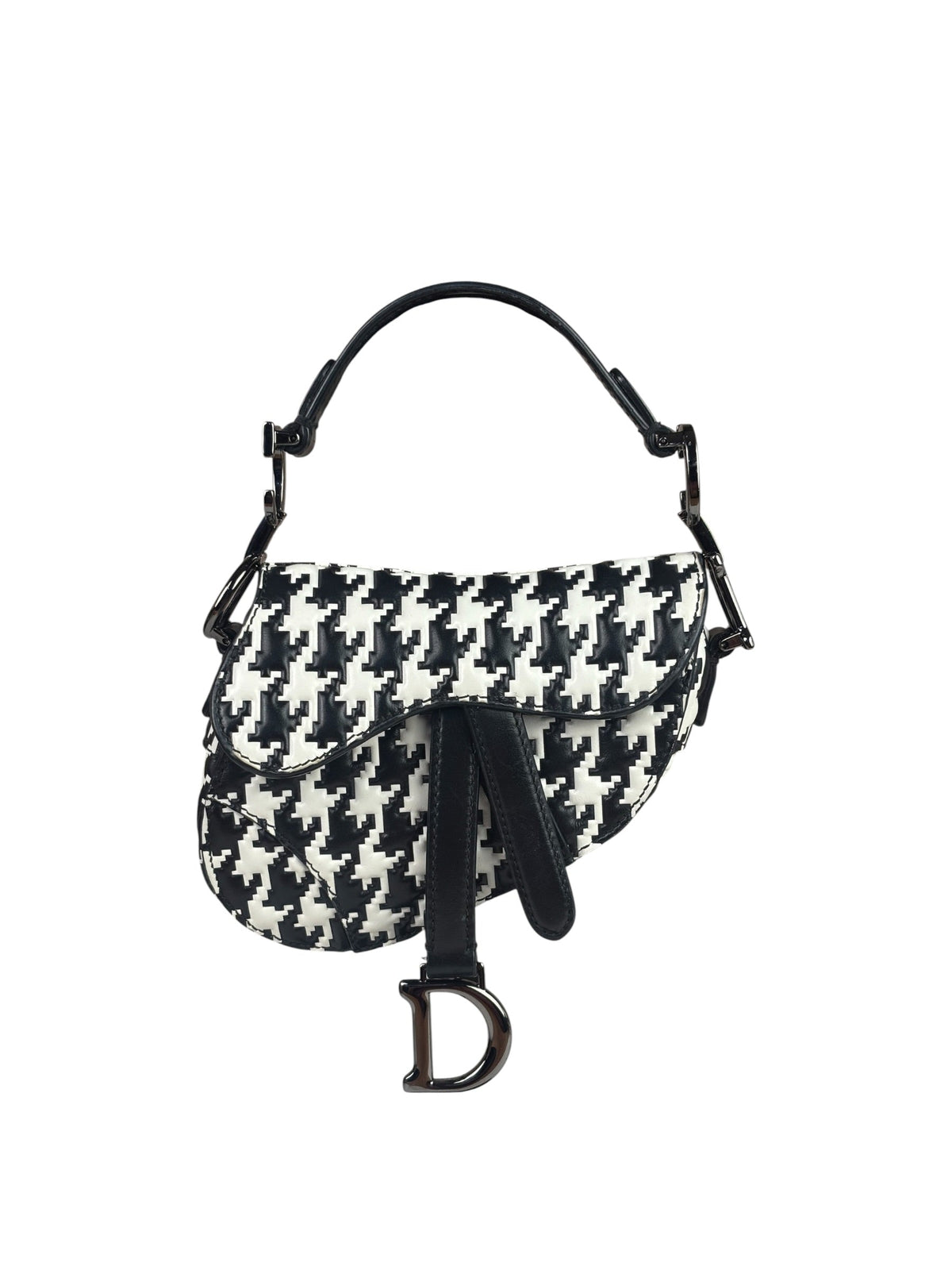 Christian Dior White/Black Leather Houndstooth Micro Saddle Bag