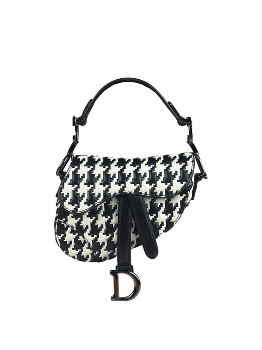 Christian Dior White/Black Leather Houndstooth Micro Saddle Bag