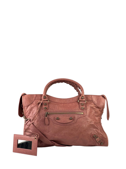 Balenciaga Muted Pink Leather Moto Classic City Bag