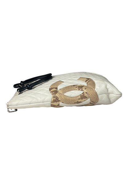 Chanel White Calfskin Quilted Python-Embossed Ligne Cambon Flat Tote Bag 2004