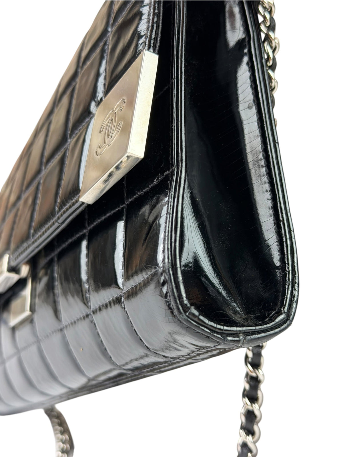 Chanel Black Patent Leather Chocolate Bar Flap Bag 2000