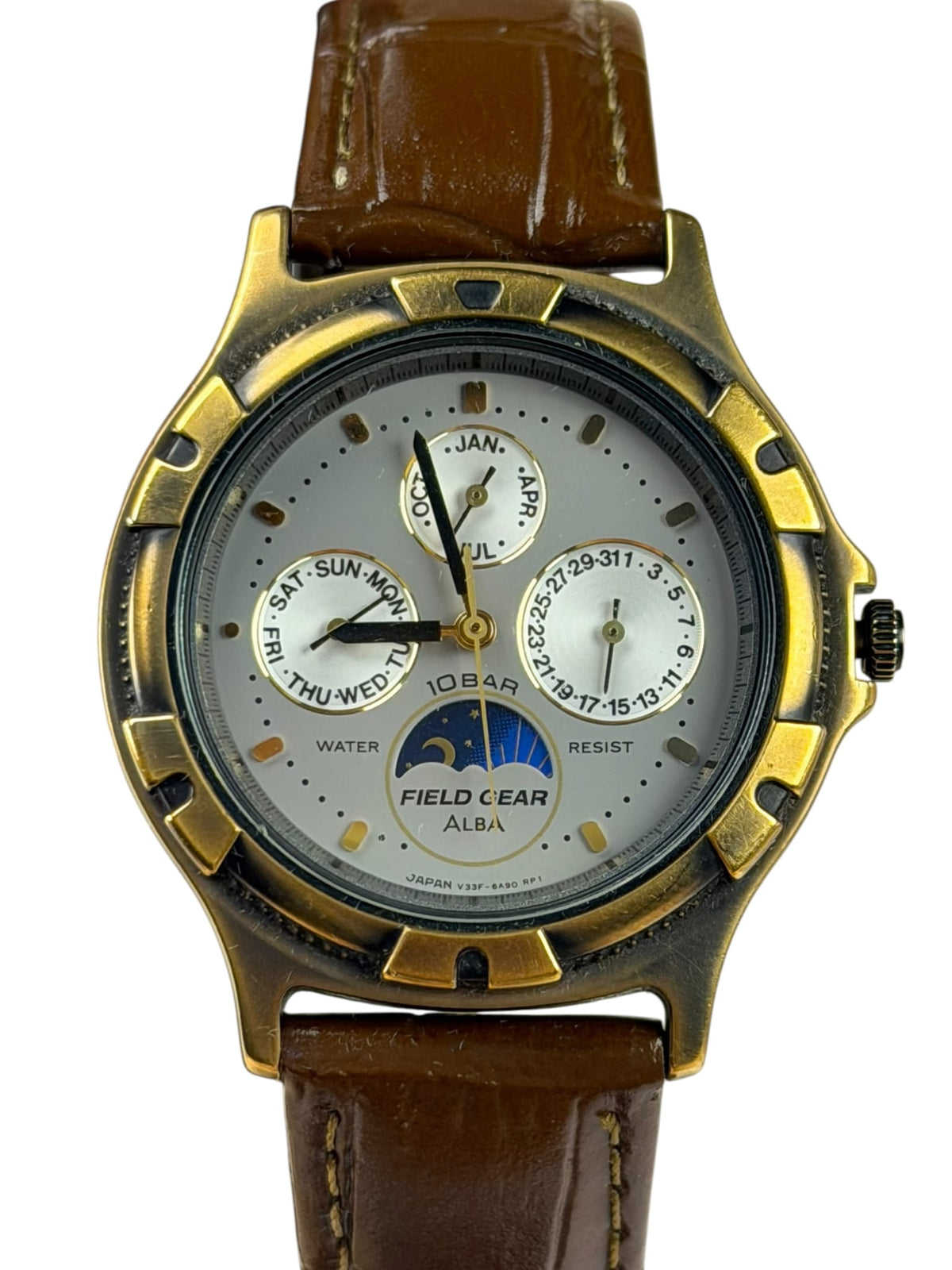 Alba Moon Phase Month Day Date Brown Leather Strap