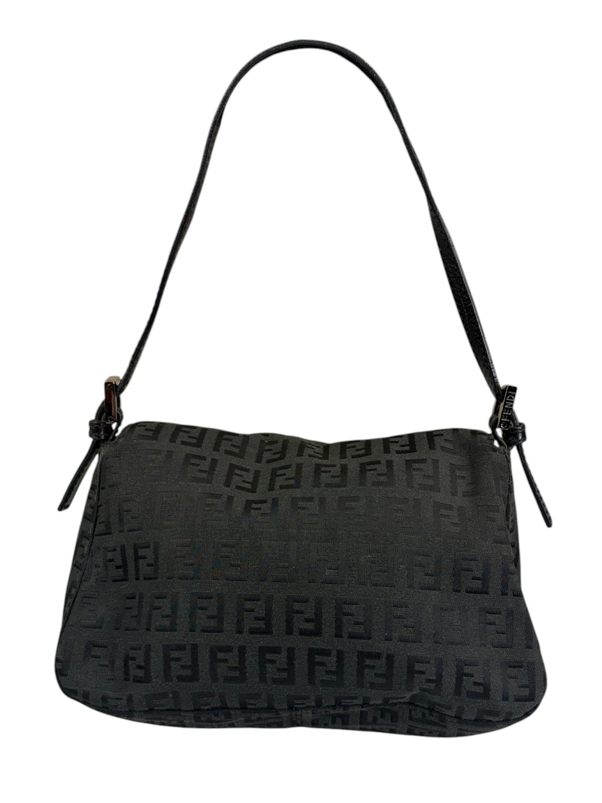 Fendi Black Leather Trim Zucca Baguette