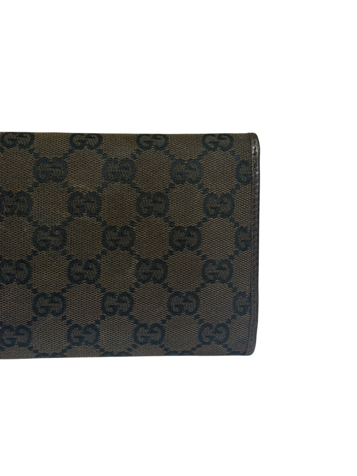 Gucci Brown Leather Trim GG TriFold Long Wallet
