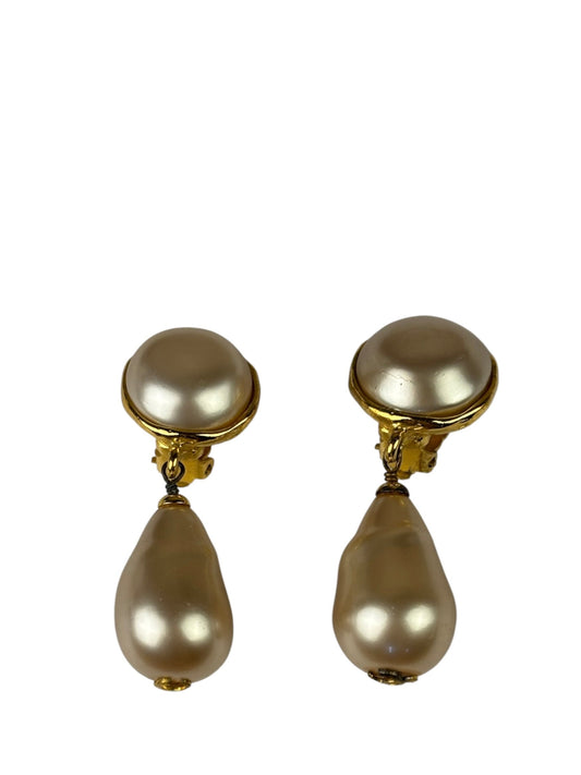 Chanel Faux-Pearl Tear Drop Clip On Earring