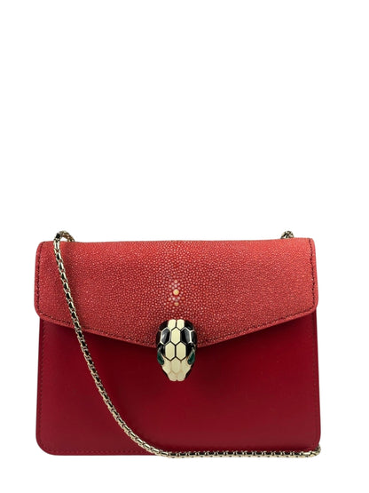 Bvlgari Red Calfskin Serpenti Forever Galuchat Crossbody Bag
