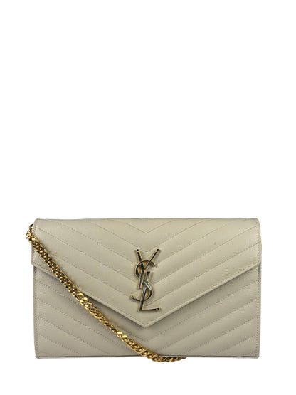 YSL Cream Pebbled Leather Cassandre Envelope Small Wallet On Chain