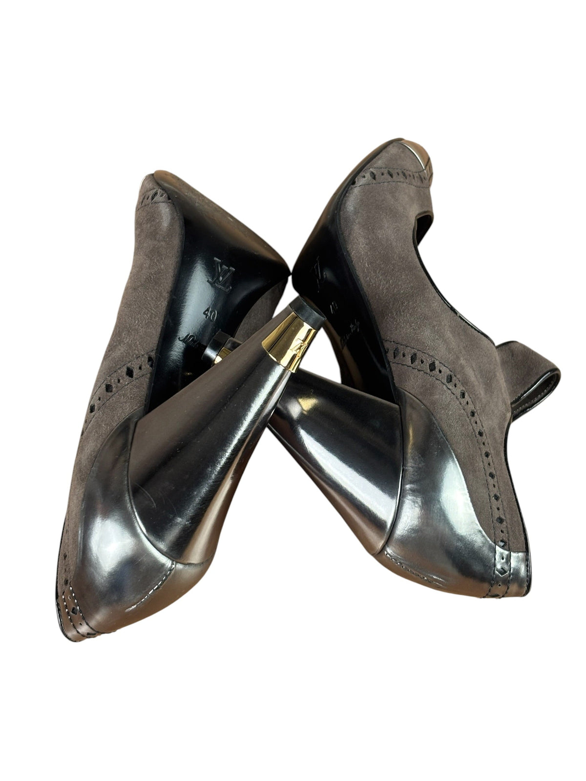 Louis Vuitton Brown Suede Silver Peep-Toe Pumps