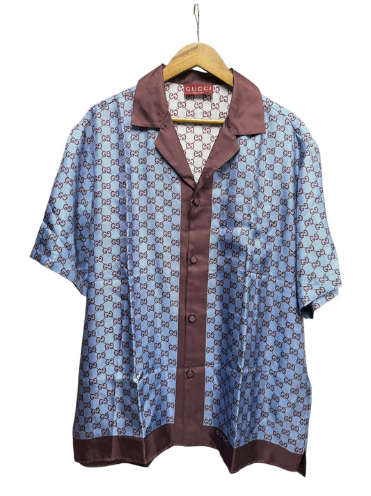 Gucci Brown/Blue Canvas GG Printed Silk Twill Short Sleeve Shirt
