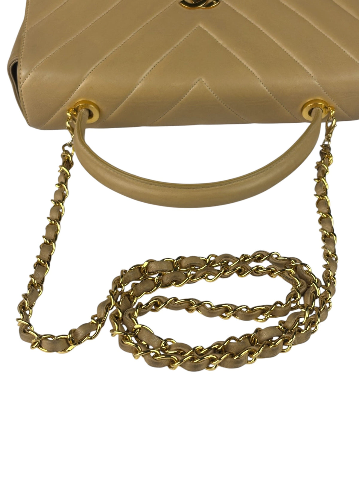 Chanel Vintage Beige Lambskin Chevron Coco Handle Flap Two-Way Bag 1991
