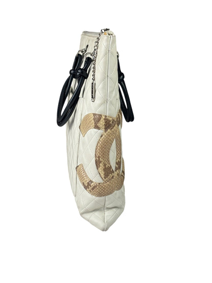 Chanel White Calfskin Quilted Python-Embossed Ligne Cambon Flat Tote Bag 2004