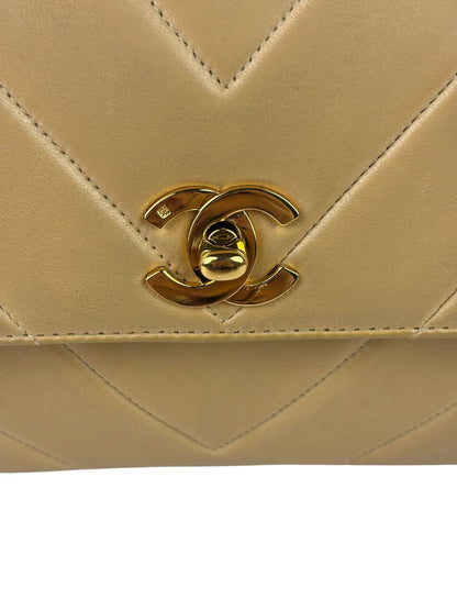 Chanel Vintage Beige Lambskin Chevron Coco Handle Flap Two-Way Bag 1991