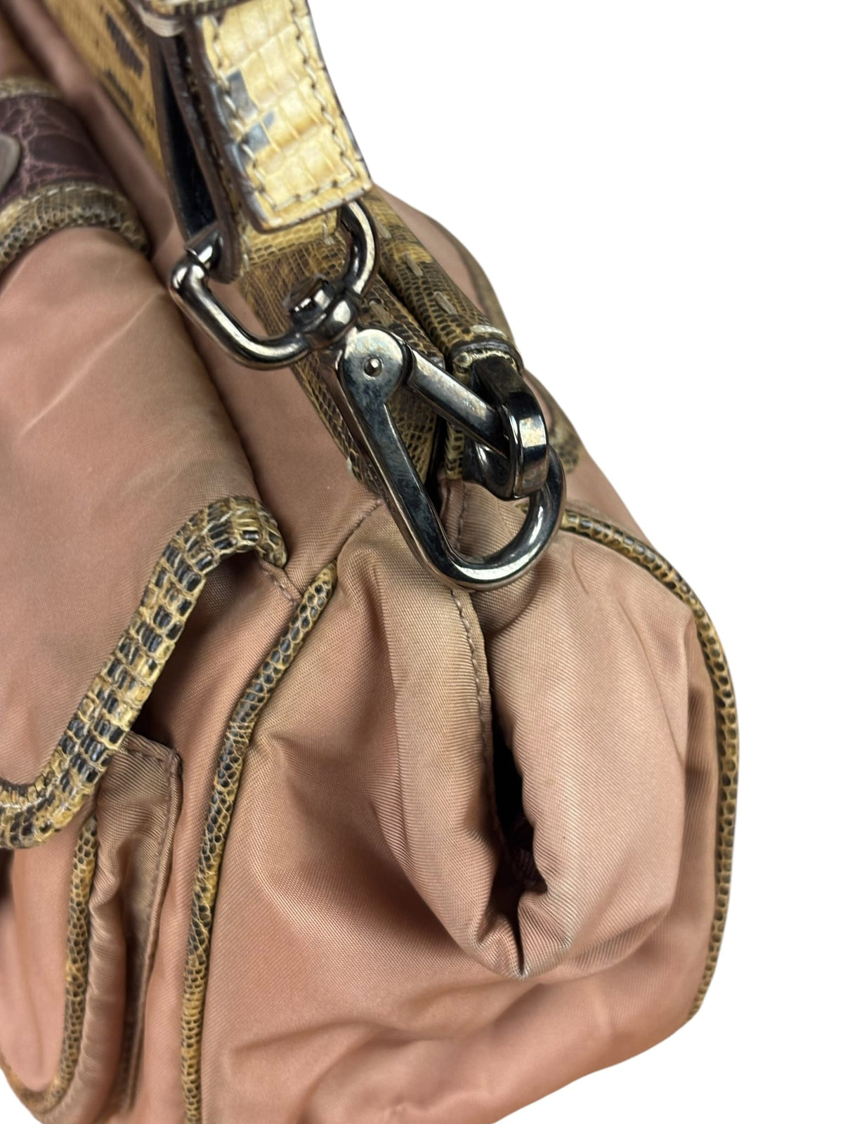 Prada Soft Dusty Rose Tessuto Nylon Snakeskin Trim Multi-Pocket Shoulder Bag
