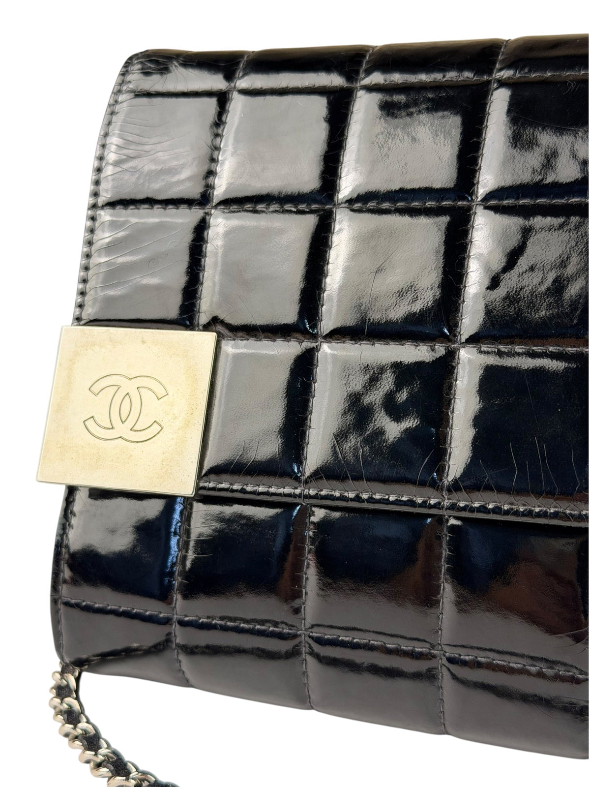 Chanel Black Patent Leather Chocolate Bar Flap Bag 2000