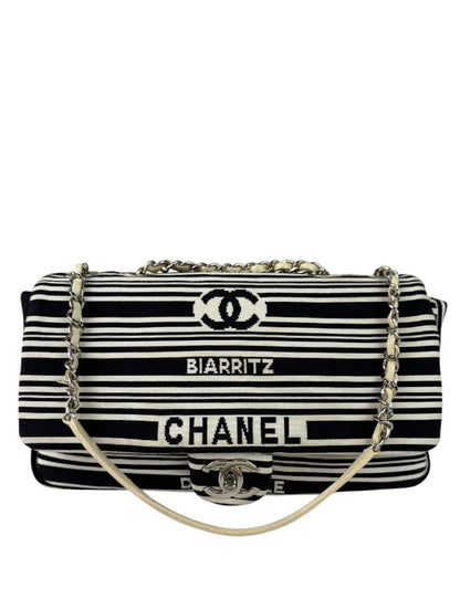 Chanel Black/White Leather Trim/Cloth Venise Biarritz Flap Bag 2019
