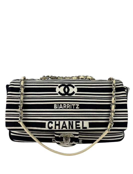 Chanel Black/White Leather Trim/Cloth Venise Biarritz Flap Bag 2019