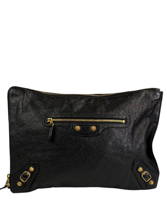 Balenciaga Black Lambskin Motocross Giant 12 Zip Around Flap Clutch