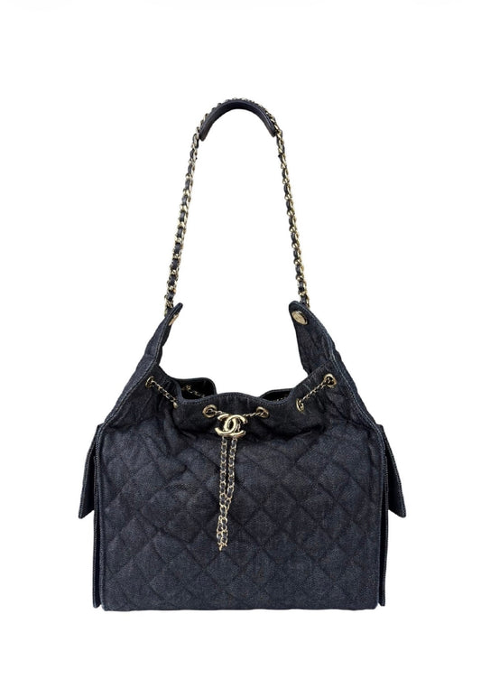 Chanel Navy Quilted Denim/Leather Trim 25 Hobo Bag 2021