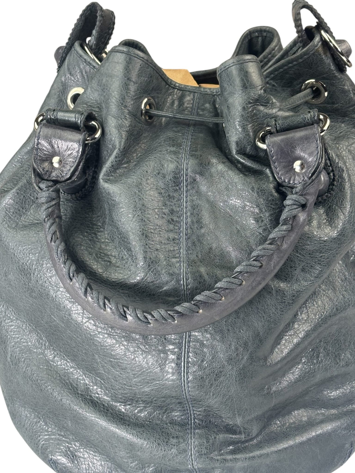 Balenciaga Grey Lambskin Giant Brogues Pompom Two-Way Bag