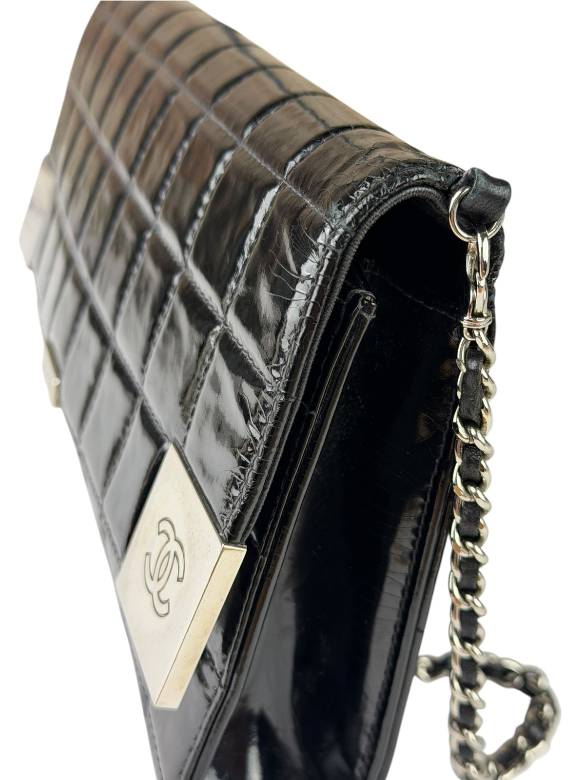 Chanel Black Patent Leather Chocolate Bar Flap Bag 2000
