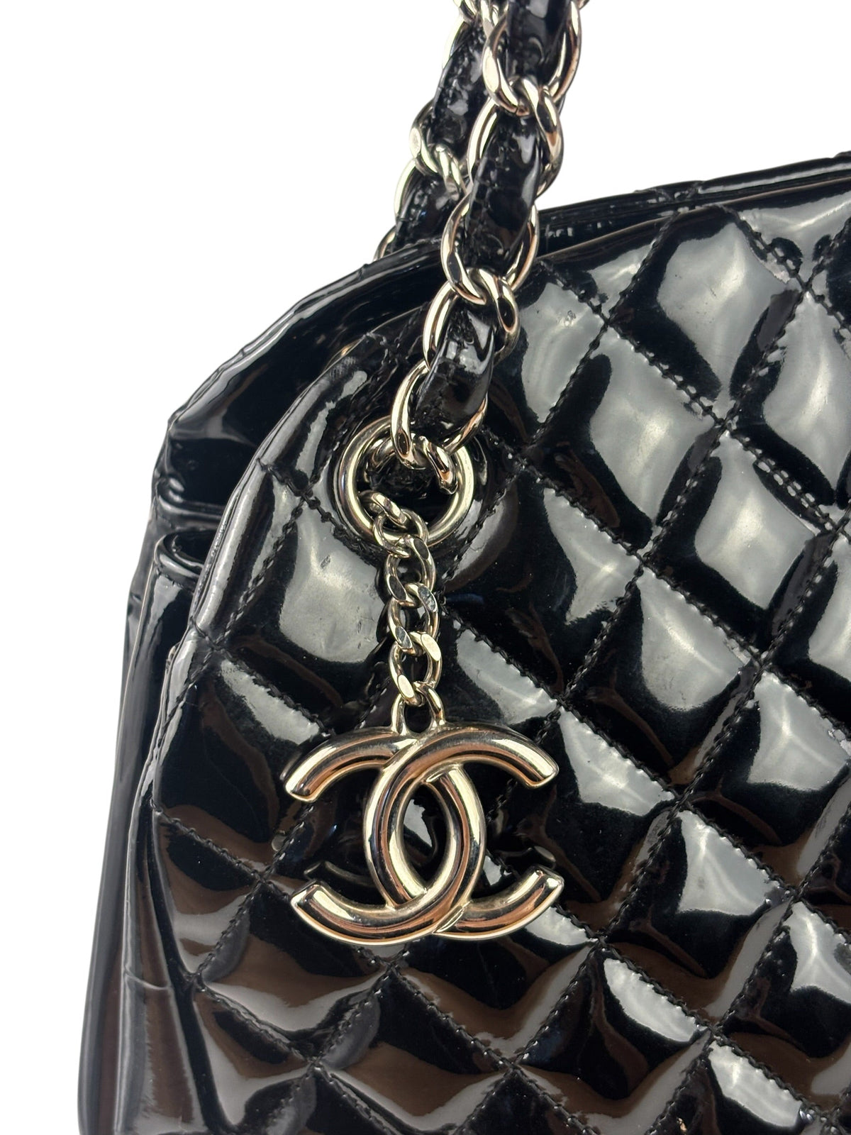 Chanel Large Black Patent Leather Mademoiselle Bowling Bag 2011-12