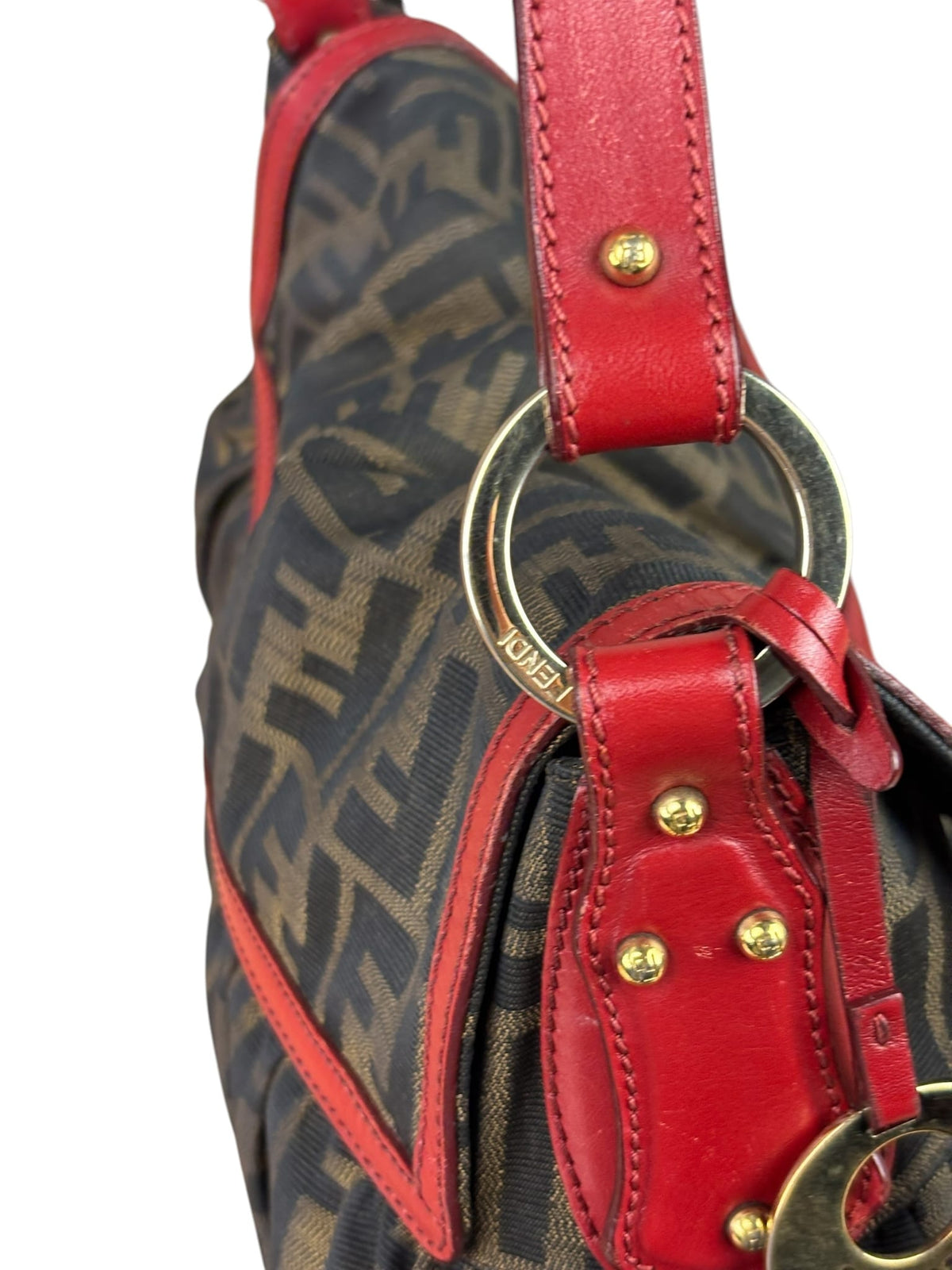 Fendi Beige/Red Leather Trim Zucca Chef Flap Bag