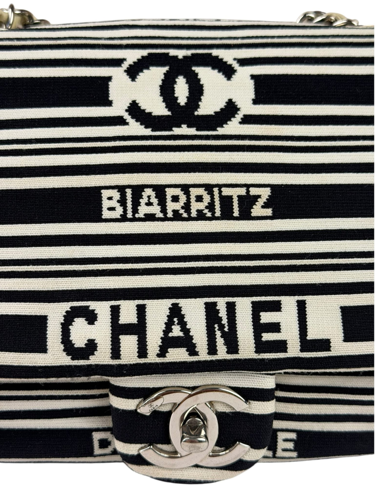 Chanel Black/White Leather Trim/Cloth Venise Biarritz Flap Bag 2019