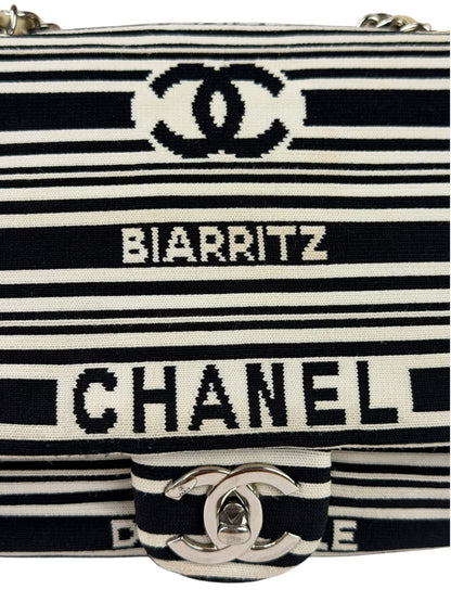 Chanel Black/White Leather Trim/Cloth Venise Biarritz Flap Bag 2019