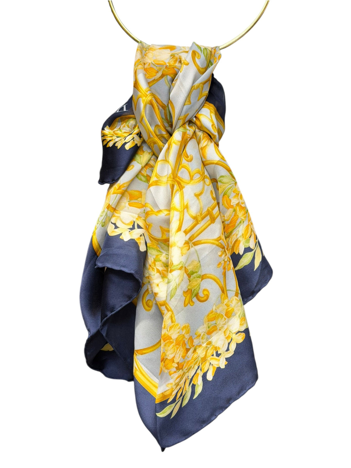 Christian Dior Dark Blue Borders Architectural Scroll Silk Scarf