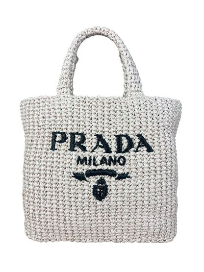 Prada Pink Raffia Woven Crochet Logo Tote Bag