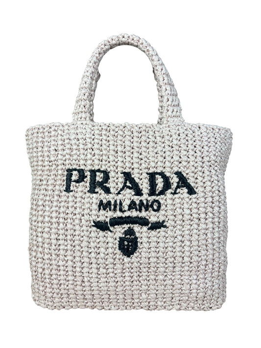 Prada Pink Raffia Woven Crochet Logo Tote Bag
