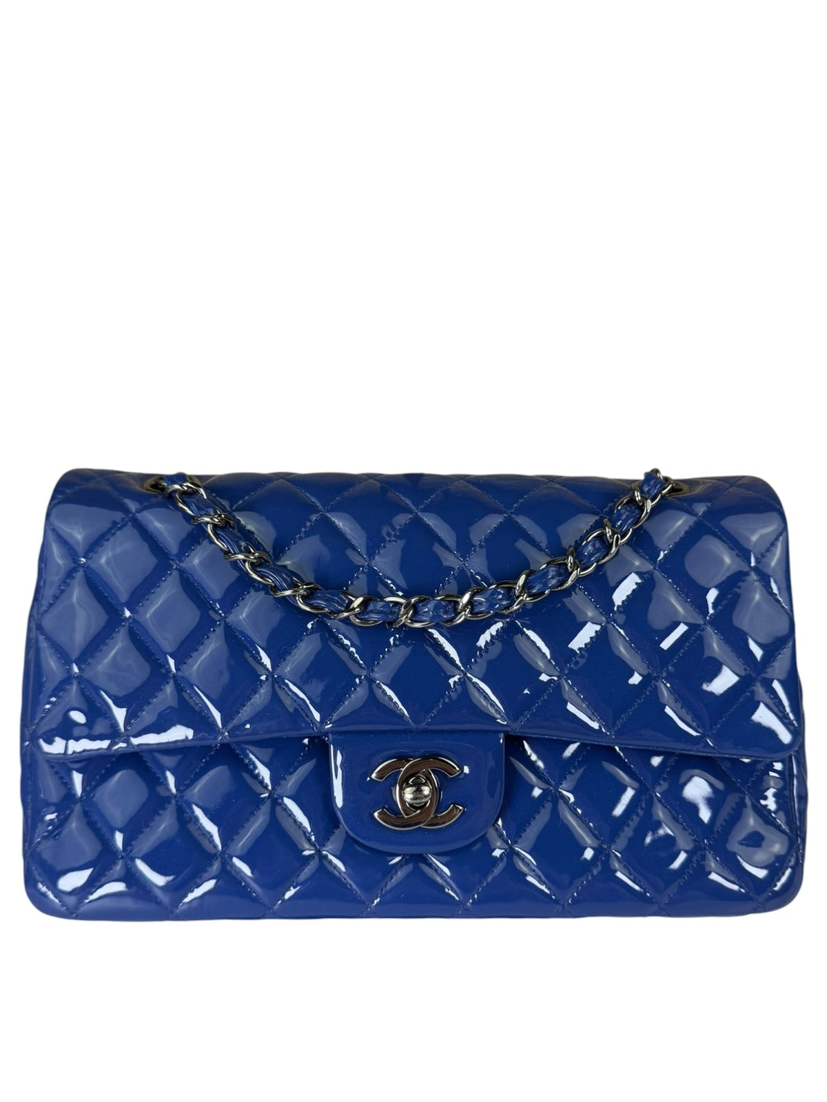 Chanel Shiny Blue Quilted Patent Leather Trim Double Flap Bag 2012