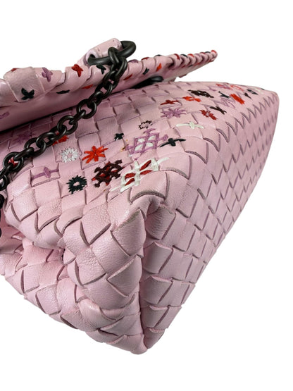 Bottega Veneta Baby Pink Leather Intrecciato Embroidered Flap Bag